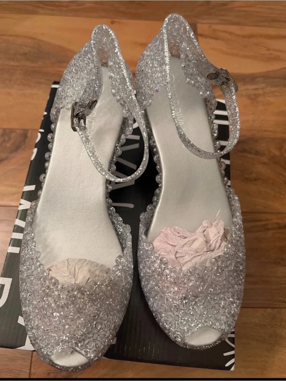 DIVA Lounge Sparkling Silver Glitter Wedge Sandals with Ankle Strap